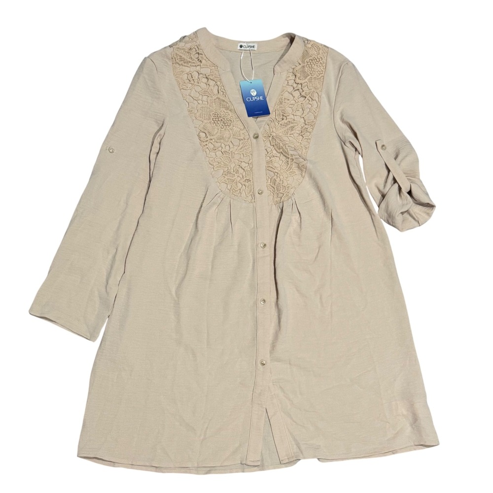 Cupshe Tunic Dress Womens Small Beige NWT‎ Lace Yoke Roll Tab Sleeve Boho Flaw
